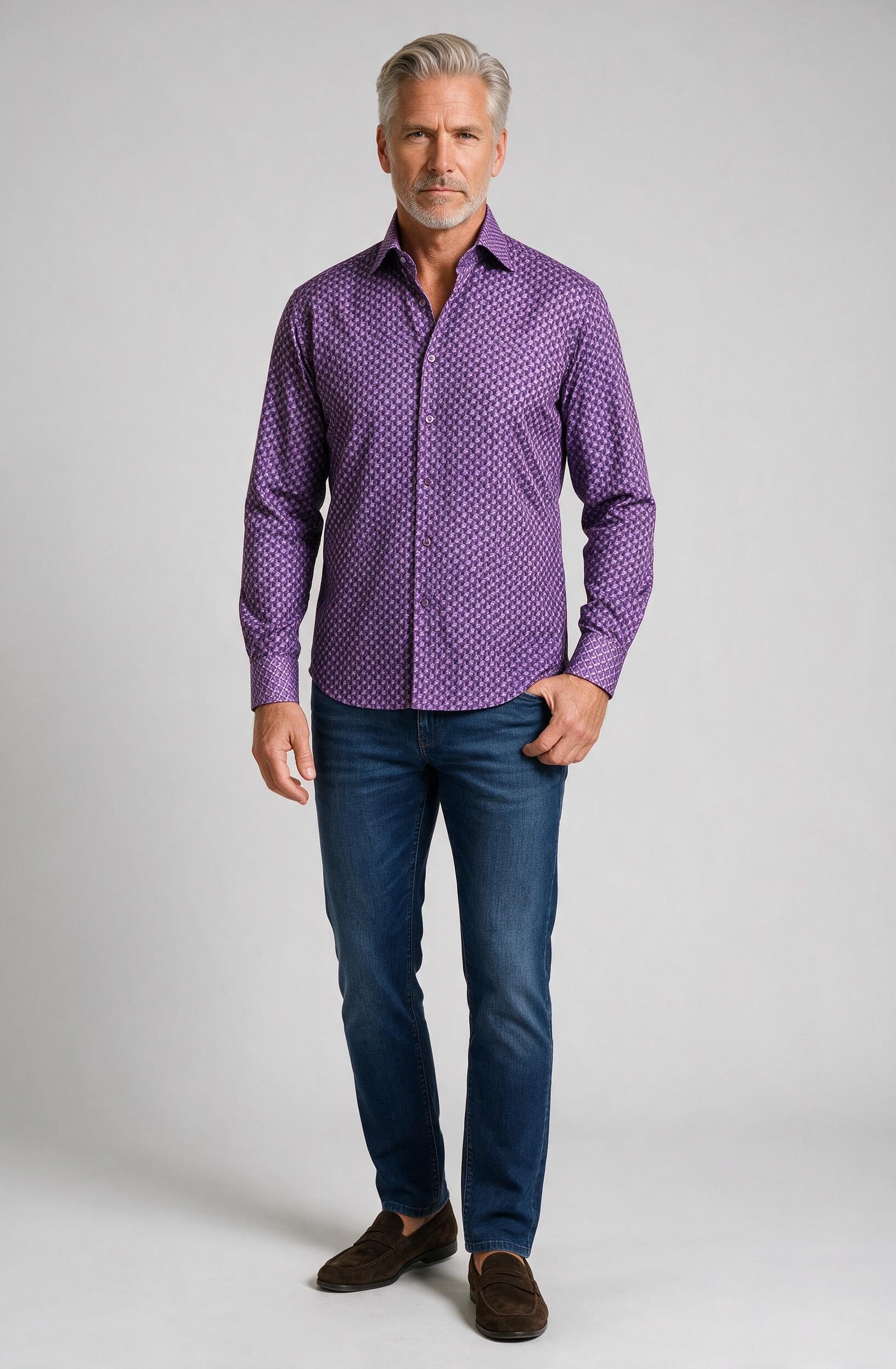 Marcello 3D Neat Long Sleeve Shirt — worn with denim