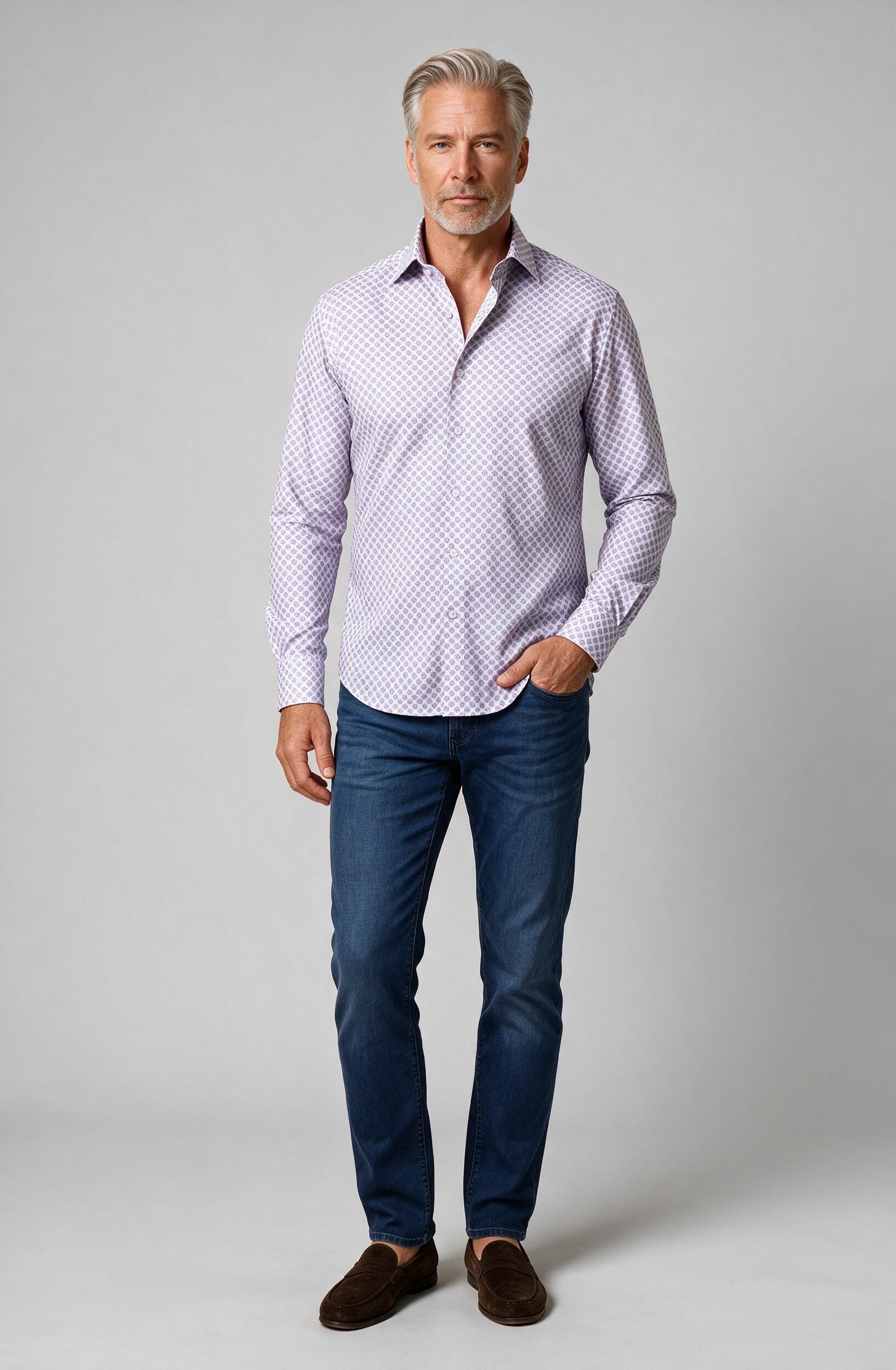 Marcello Plum Circle Medallion Long Sleeve Shirt — worn with denim