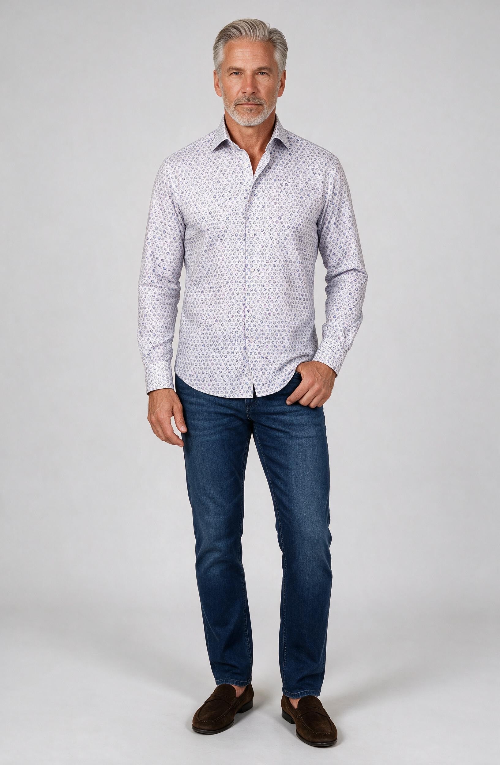 Marcello Blue Neat Long Sleeve Shirt — worn with denim
