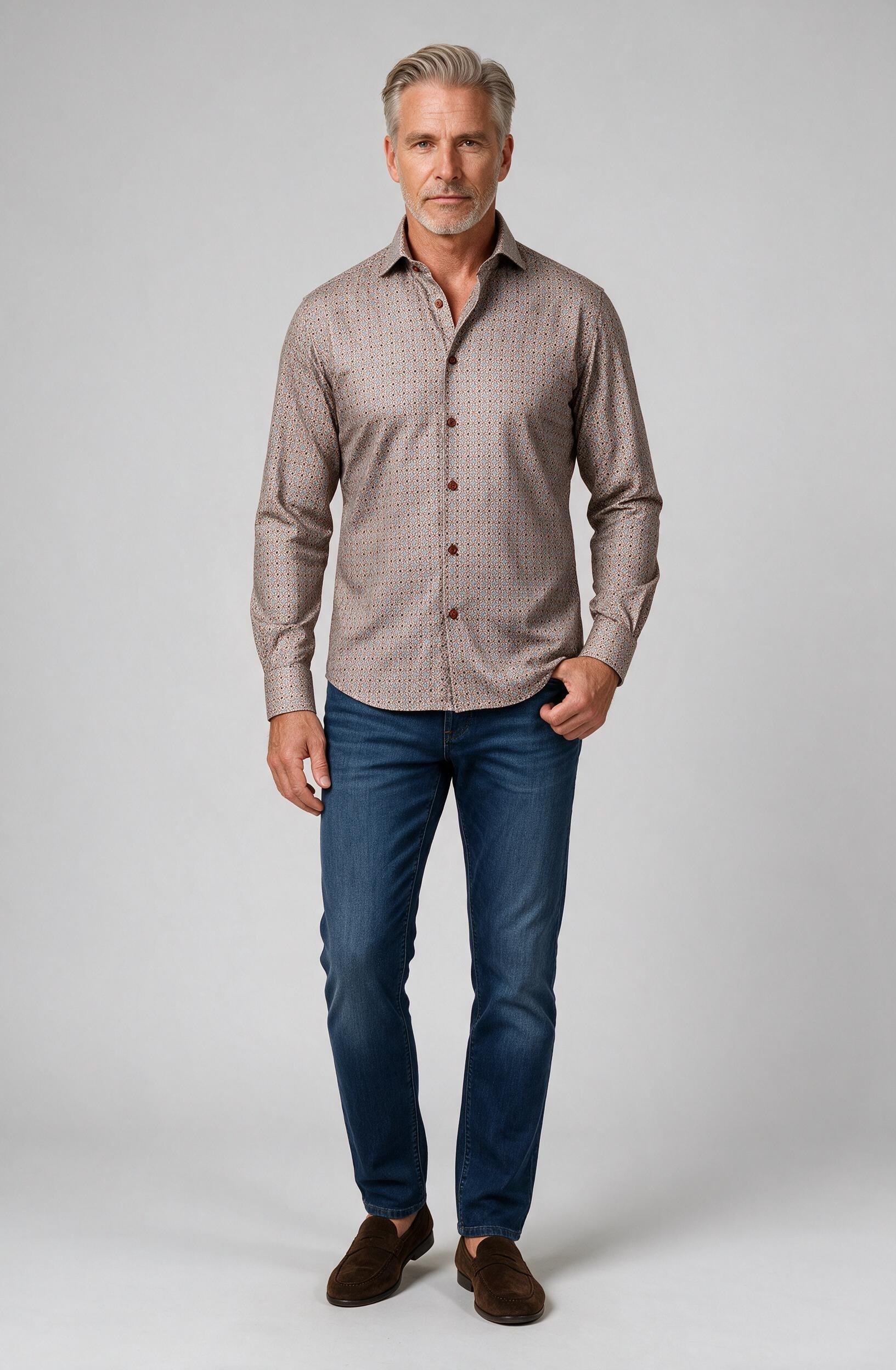 Marcello Open Circles Long Sleeve Shirt — worn with denim