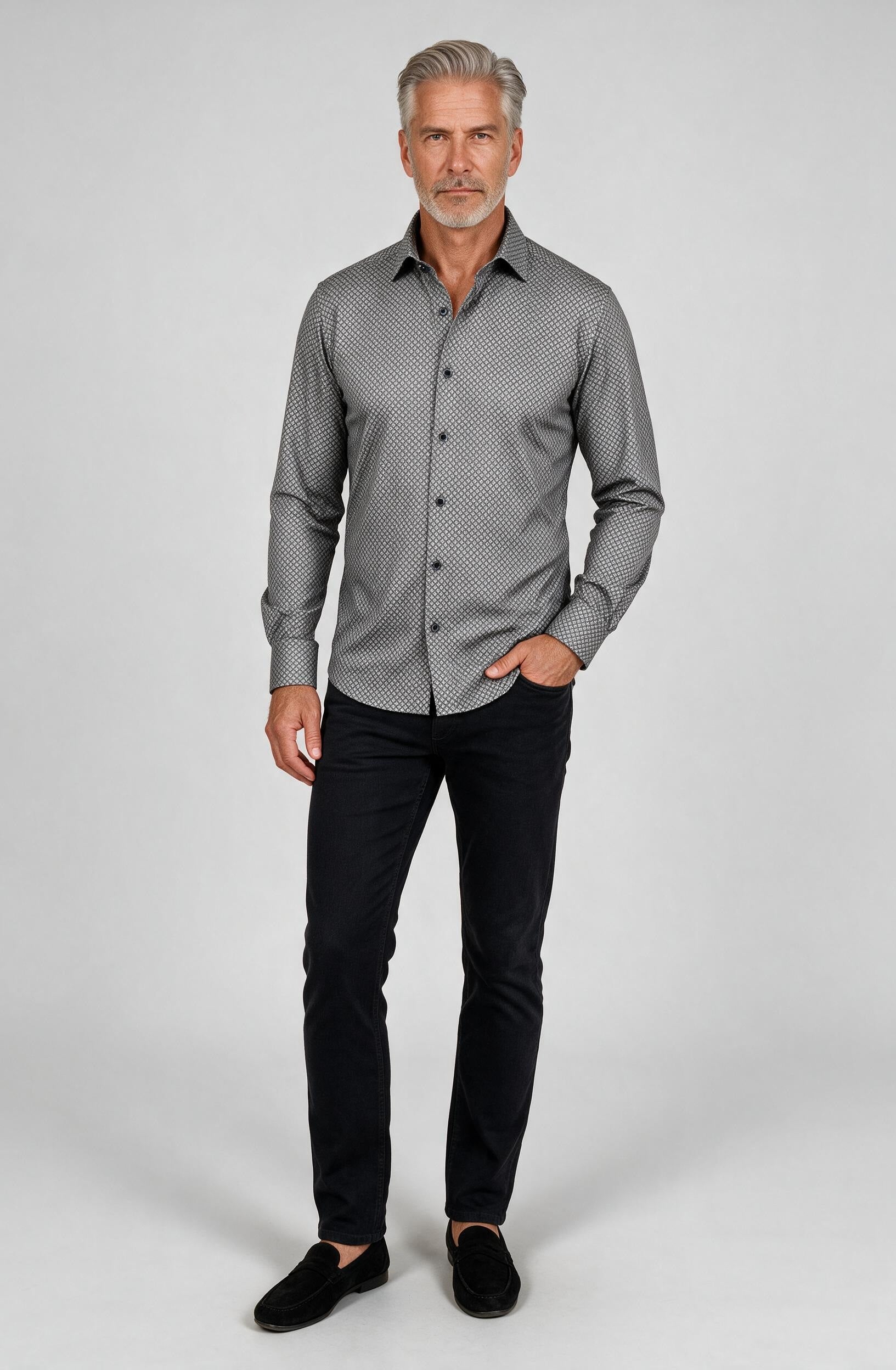 Marcello Steel Medallion Long Sleeve Shirt — worn with denim