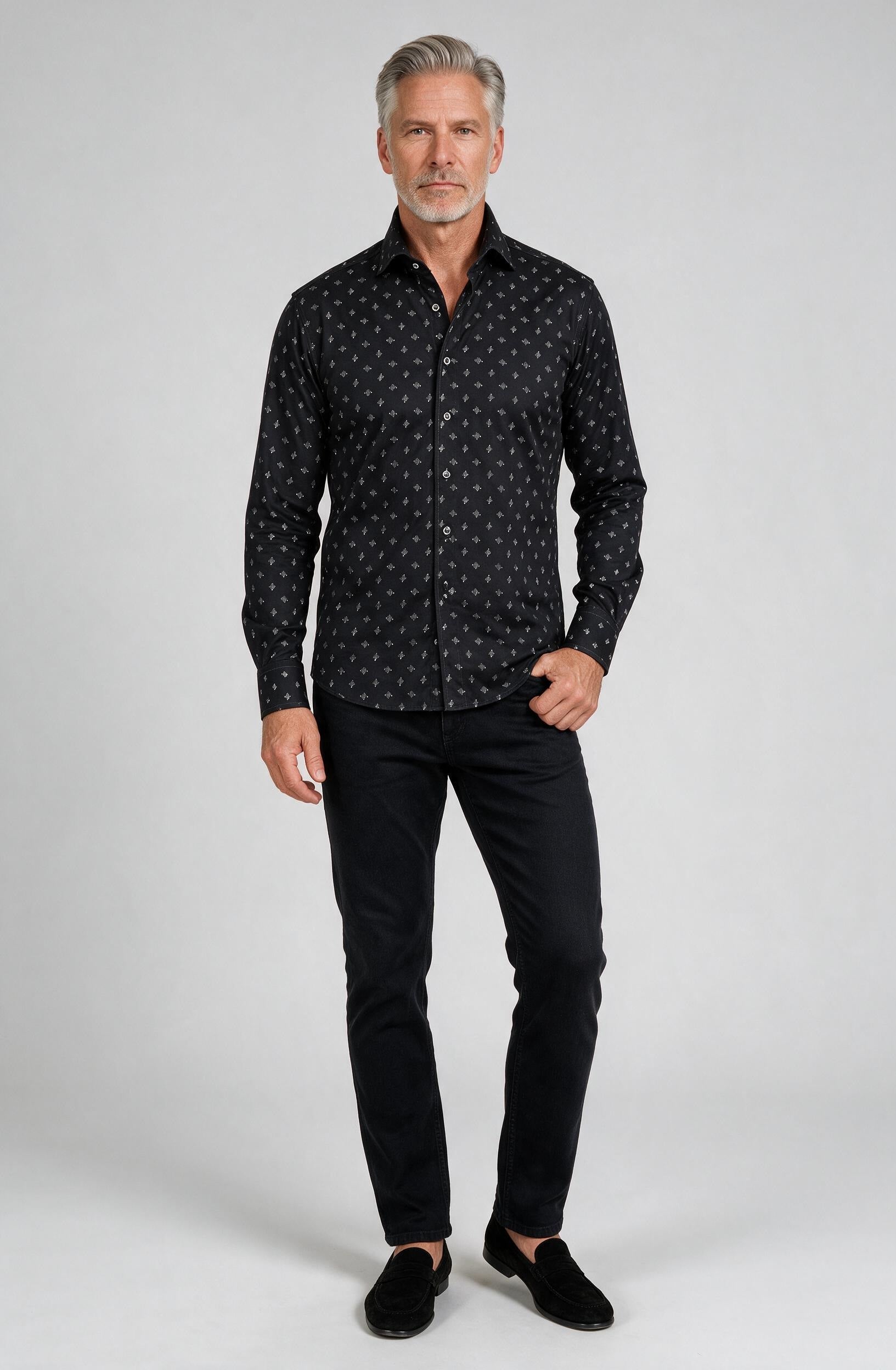 Marcello Black/White Diamond Long Sleeve Shirt — worn with denim