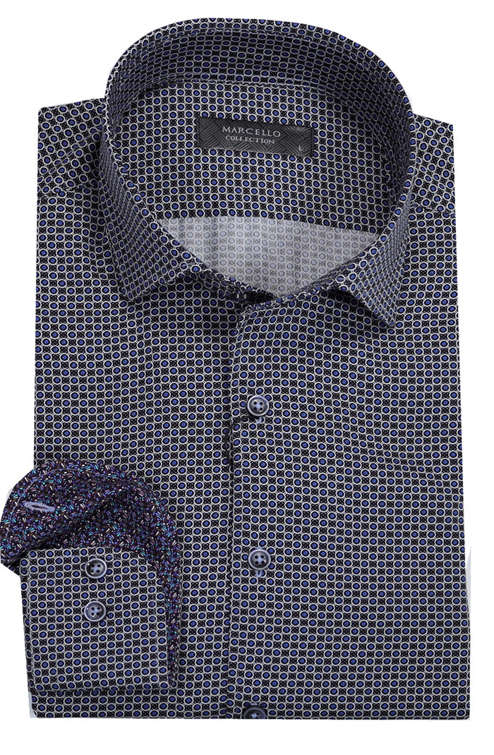 Marcello Circle Medallion Long Sleeve Shirt, Navy